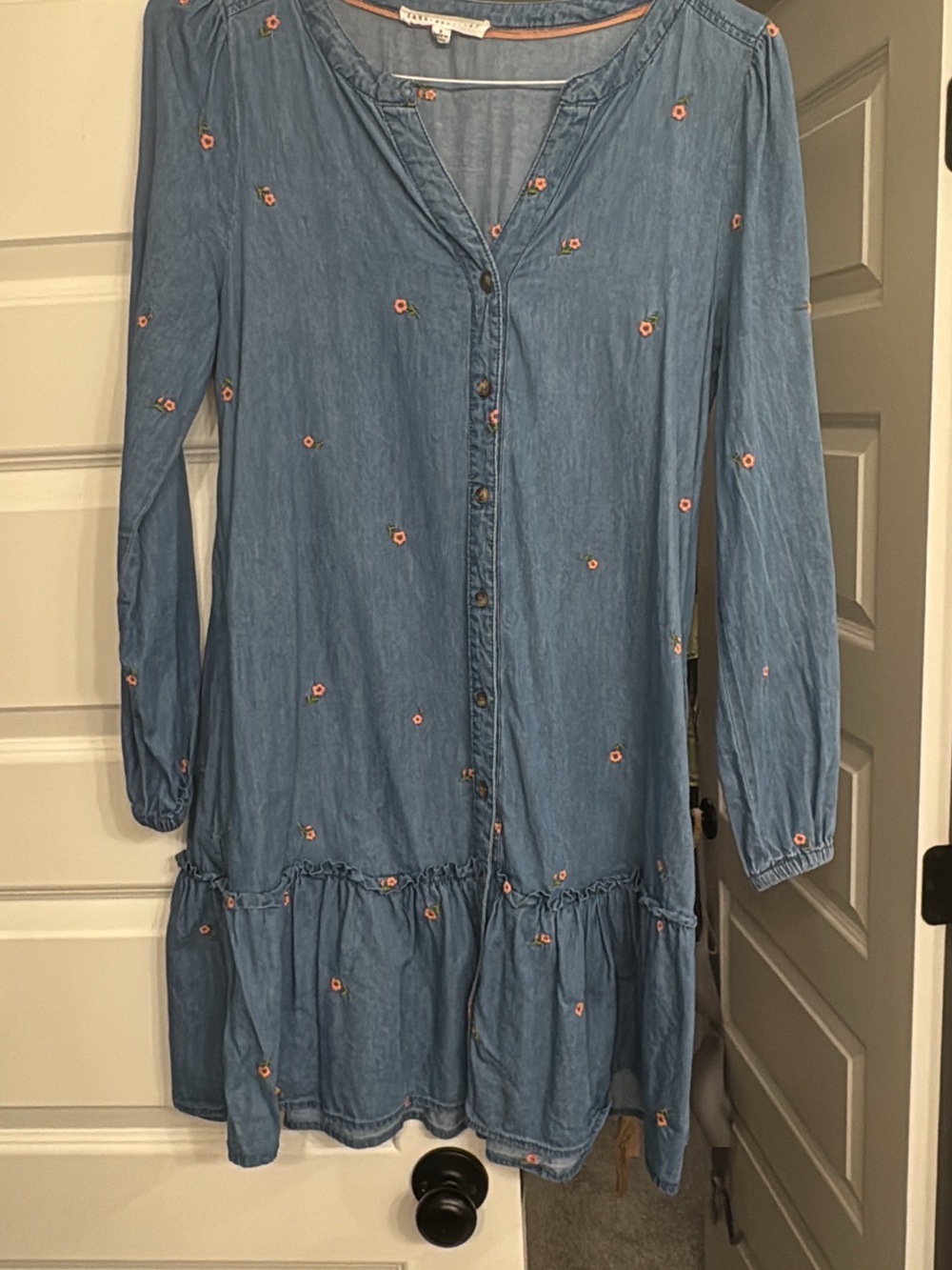 Jane and Delancey Light Blue Denim Dress with Pink Floral Embroidery
